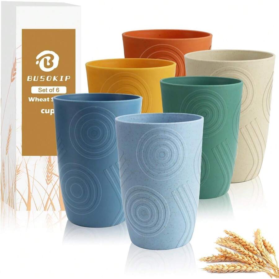 Wheat Straw Cups - 16 OZ Plastic Drinking Glasses Reusable, Large Drinking Cups, Lightweight Kitchen Cups Sets Of 6, Microwave & Dishwasher Tumbler (Multicolor) - 黑色,灰色 - 查看 1