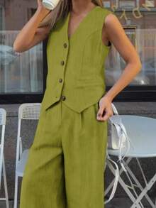两件套女士纯色纽扣深V领无袖背心搭配高腰阔腿裤（带口袋），休闲套装，适合夏季、毕业典礼、度假等场合。亚麻色套装，春夏休闲两件套，度假装，女装，复古风格，圣帕特里克节服装，复活节连衣裙 - 淺綠色 - 查看 8