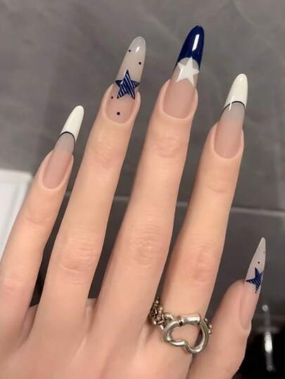 30pcs Set Of Almond-Shaped, Press-On Fake Nail Set, With In Blue Vintage Style With Sparkling Stars And French Polka Dots, Acrylic Full Cover Overlay Manicure Kit, Perfect For DIY Art Supplies. Includes A Piece Of Jelly Glue And A Nail File, Suitable For Daily Wear, Parties, Dancing, And Gift-Giving.