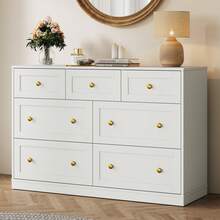 7 Drawer Dresser, 47'' Wide Modern Chest Of Drawers With Gold Knobs, Wooden TV Stand Storage Organizer For Bedroom, Living Room, Entryway, White - 白色 - 查看 1