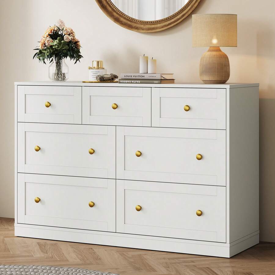 7 Drawer Dresser, 47'' Wide Modern Chest Of Drawers With Gold Knobs, Wooden TV Stand Storage Organizer For Bedroom, Living Room, Entryway, White - 白色 - 查看 1