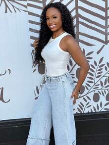 Steph T Quần jeans denim ống rộng lưng thấp dệt phong cách BOHO mùa hè dành cho nữ, trở lại trường, cổ điển - Rửa nhẹ - Xem 2