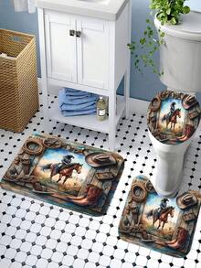 4 Stücke Badezimmer Vorhang Set im Bauernhof-Stil mit Pferdemotiv, moderne Badezimmer Dekoration, wasserdichter Stoffvorhang Set mit 12 Haken, rutschfeste Badematte, U-förmige Toilettenauflage, Toilettendeckel, geeignet als Geschenk für Zuhause, St. Patrick's Day Badezimmer Accessoires, Rückkehr zur Schule