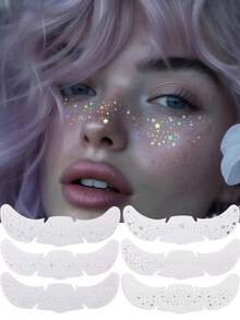 6张闪亮雀斑爱心雀斑临时纹身贴纸，银色面部贴纸，防水临时纹身，带有闪亮星星爱心点状图案，适合成人锐舞派对，也适合派对、节日和日常妆容。 - 銀色 - 查看 9