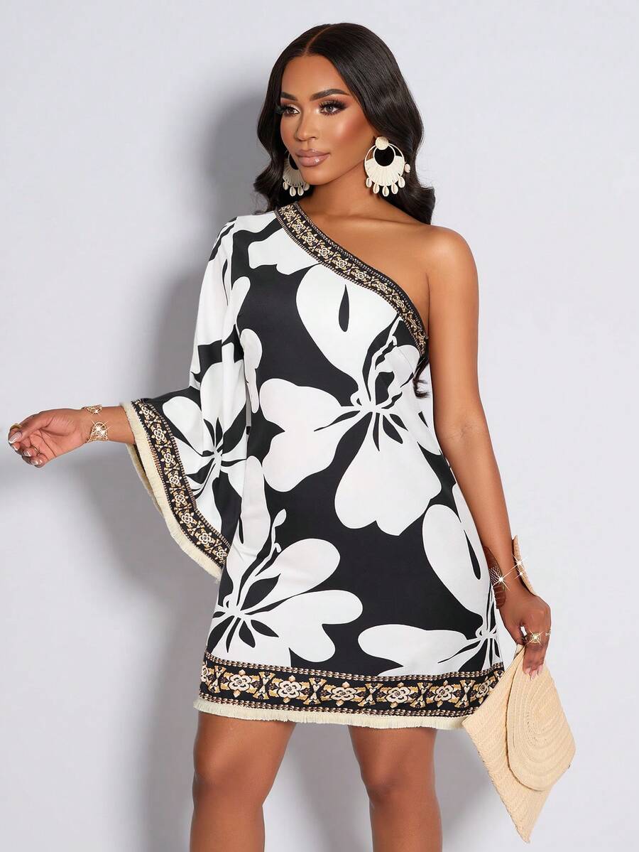 Amarilo Women's One-Shoulder Printed Dress, Tropical Rainforest Print Plus Tassel Skirt, Casual And Ladylike Style, Suitable For Daily Commuting And Vacation, New Spring And Summer Printed Dress