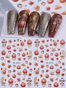Luxury Maple Leaf Pumpkin Nail Art Stickers 2PCS Pine Nuts Autumn Decals Fall Nail Art Designs Self Adhesive 3D Manicure Foils Nail Decoration DIY Supplies For Women Girl Autumn Nails - 彩色 - 查看 7