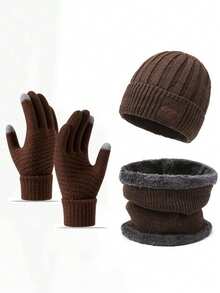 3pcs Men's Knitted Wool Beanie Hat, Soft Warm Scarf & Touch Screen Gloves, Warm Winter Gift Set Winter Warm