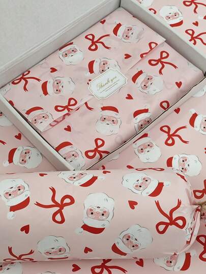 5/10/20/40 unidades de papel de embrulho de tecido com tema de Papai Noel - fundo rosa com design de Papai Noel e laço vermelho e branco | Embrulhos de presente duráveis feitos à mão e decorações para festas de Natal, embalagens festivas, decorações de Natal, papel festivo, papel fino, tema de Papai Noel, papel de alta qualidade