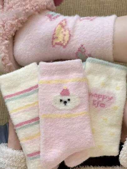 4双蓬松中筒袜女珊瑚绒产后袜厚款保暖可爱粉色长袜卡通字母休闲袜居家地板睡眠袜秋冬