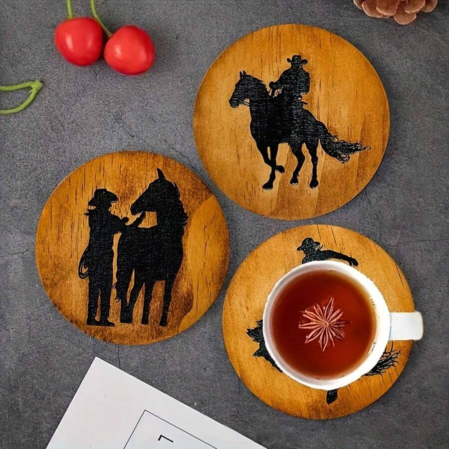 Set Of 6 Vintage Rodeo Theme Coasters, Western Shore Wooden Coaster Set, Home Decor Coasters For Coffee Mugs, Drinking Mugs, Mugs, For Home, Cafe, Afternoon Tea - Indoor Decor, Holiday Room Decor, Party Accessory, Great Gift Idea, Great Gift Idea, Great For Gift Giving, Christmas Gift, Birthday Gift, Party Decor, Kitchen Decor, Table Decor, Available In 1 Set Or 31 Sets