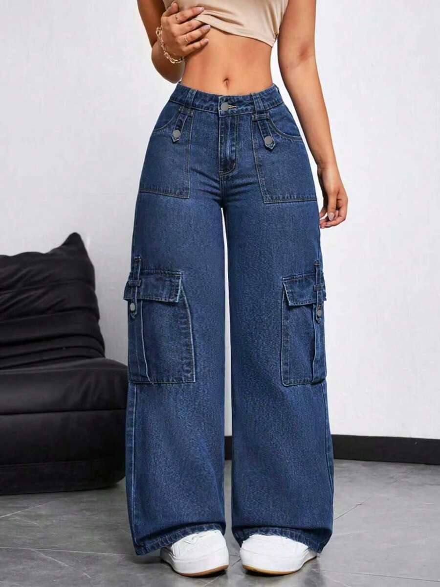 Women's Front Pocket Straight Leg Casual Jeans, Solid Color Minimalist Relaxed Fit Jeans For Daily Wear - Medium Wash - View 1