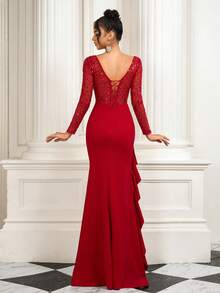 Red Square Neck Evening Dress, Long Sleeve Backless Ruffle Hem Gown, Romantic For Birthday Party, Ball, Suitable For Evening Events, Wedding Guest Dress, Holiday Occasions - Red - View 2