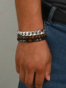 3pcs Men's Business Style Natural Stone Bracelet Set, Featuring Tiger Eye Beaded Bracelet & Classic Silver Chain Bracelet, Conveying Vibe, Suitable For Daily Wear, Casual Outings - Multicolor - View 1