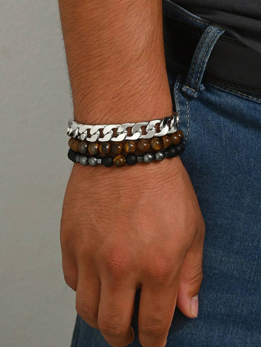 3pcs Men's Business Style Natural Stone Bracelet Set, Featuring Tiger Eye Beaded Bracelet & Classic Silver Chain Bracelet, Conveying Vibe, Suitable For Daily Wear, Casual Outings - Multicolor - View 1