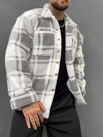 Chaqueta de camisa de polar para hombres, con patrón de cuadros, cuello con solapa, manga larga, botones delanteros, bolsillo, ajuste relajado, casual gris y blanco, chaqueta oversize para otoño e invierno, cálida, para citas, uso diario, compras, vacaciones - regalo de Navidad para esposo o novio, Año Nuevo