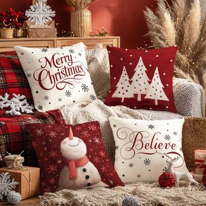 MEMNUN 4 Stücke Weihnachten Rot & Weiß Weihnachtsbaum und Schneemann Kissenbezüge [ohne Kissenfüllung], 17.7*17.7in(45*45cm), [einseitig Muster] Fröhliche Weihnachten Polyester Kissenbezüge, Weihnachtsdekoration, Raumdekoration, Heimdekoration, Schlafzimmerdekoration, Dekorationsmaterial für Sofa, Wohnzimmer, Schlafzimmer, Auto, Büro, Hotel, Homestay, tolles Weihnachtsgeschenk für Familie und Freunde