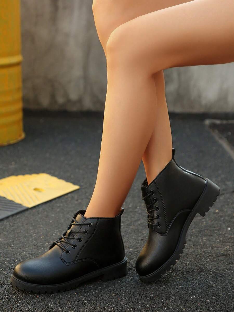 女士经典简约圆头系带粗跟踝靴，复古英伦风，黑色PU材质，休闲百搭防滑平底踝靴，秋冬新款 - 黑色 - 查看 1