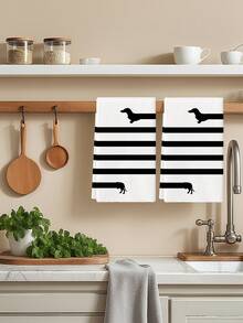 2 pièces Serviette de cuisine avec éléments animaliers, convient pour la maison, la cuisine, le restaurant, les décorations de fête. Motif amusant et mignon de silhouette de teckel