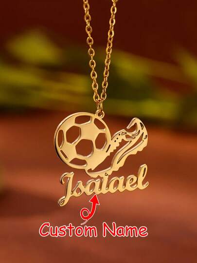 1 pieza Collar de fútbol personalizado con grabado - Joyería deportiva simple de acero inoxidable personalizada, diseño de balón de fútbol y zapato, regalo de cumpleaños, aniversario, familia, accesorios de fútbol, accesorio para aficionados al deporte, estética moderna, artesanía de calidad, cadena chapada en oro