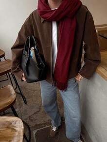 1pc Women's Bright Yellow Solid Color Cashmere Scarf With Tassels, Size 30*180cm, Soft Shawl, Suitable For Spring, Summer, Autumn And Winter - Dark Red - View 5