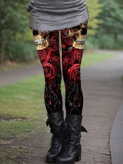 Pantalones de yoga ajustados con estampado digital de castillo oscuro y cabeza de calabaza malvada para mujeres
