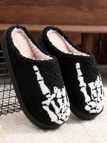 1 Pair Black Halloween Plush Slippers, Punk Skeleton Finger Rock Hand Gesture Embroidered Fluffy Slip-On Slippers For Men And Women, Cozy Indoor Bedroom Floor Non-Slip Warm Thick Sole Fur Slippers, Perfect Gift For Fall & Spooky Season