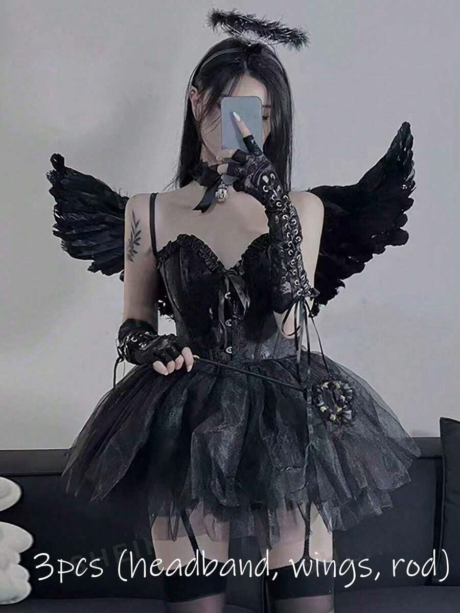 Fairy Angel Wings Back Decoration Halloween Costume White Feather Demon Props Colorful Wing Accessories Decoration - Black - View 1