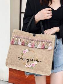This 2-Piece Set Includes A Custom Name Wreath Pattern Tassel Tote Bag And A Cosmetic Bag. Made Of Linen, This Large-Capacity Tote Bag/Shopping Bag/Portable Casual Organizer Is Perfect For Everyday Outings, Beach Vacations, And More. The Large Capacity Shopping Bag Is Ideal For Occasions Such As School, Birthdays, University, Work, Business, Commuting, Outdoor Activities, Travel, And Leisure. - Multicolor - View 2