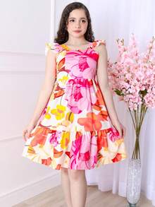 Short Printed Children's Tank Top Dress - 花卉 - 查看 3