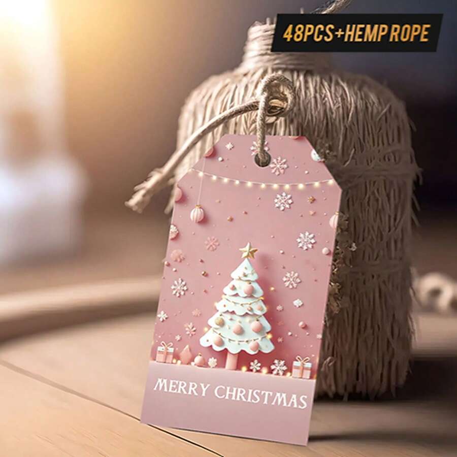 48pcs Christmas Gift Tags With Jute Twine - Light Pink Holiday Tags, Christmas Gift Text, Decorations, Party Favors - Compatible With Gift Wrapping, Christmas Tree Decor, Holiday Tags Design, Durable Paper Tags, Handmade Appearance, Crafting Hobby