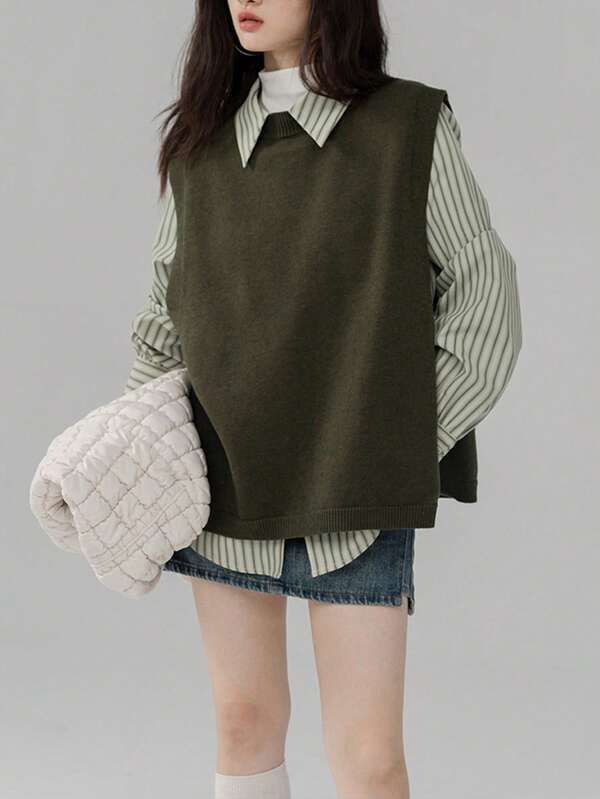 Alicedudu Débardeur femme minimaliste à col rond avec fente latérale, automne/hiver