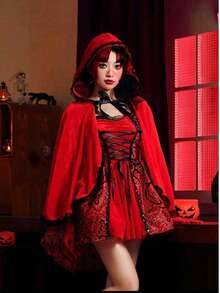1pc Halloween Velvet Cape Cloak, Suitable For Masquerade Party Costume Apparel Death Angel Witch Ghost Devil Cosplay Props Little Red Riding Hood Christmas - Red - View 1