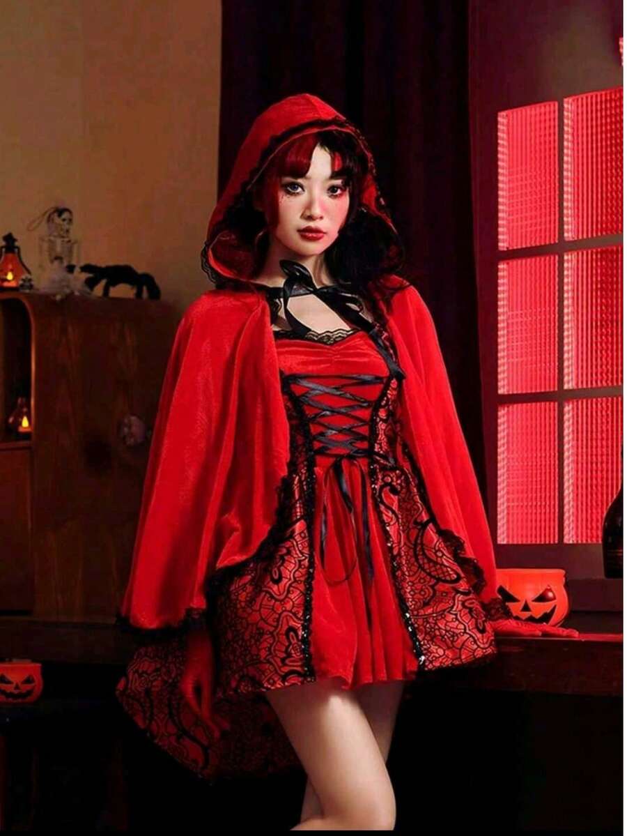 1pc Halloween Velvet Cape Cloak, Suitable For Masquerade Party Costume Apparel Death Angel Witch Ghost Devil Cosplay Props Little Red Riding Hood Christmas - Red - View 1