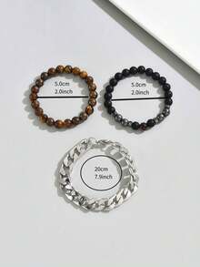 3pcs Men's Business Style Natural Stone Bracelet Set, Featuring Tiger Eye Beaded Bracelet & Classic Silver Chain Bracelet, Conveying Vibe, Suitable For Daily Wear, Casual Outings - Multicolor - View 3