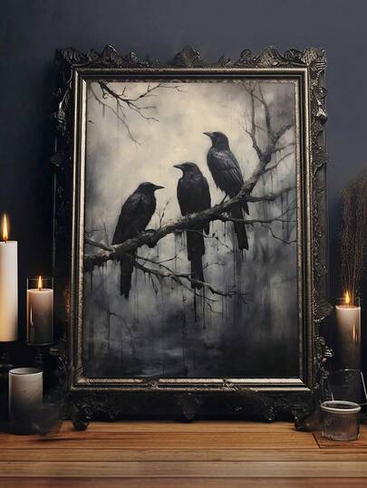 1pc Modern Crow, Crow Standing On A Branch, Gothic Animal Exquisite Art Oil Painting Poster, Bedroom Wall Art, Living Room Wall Decor, Dining Room Wall Decoration, Kitchen Decorative, Study Room, Corridor, Dormitory Decoration, Ideal Gift For Friends, Wall Arts, Wall Decoration, Home Decoration, Room Decoration Canvas Painting, Posters, Optional Frame ﻿ Halloween Decor Fall Decor