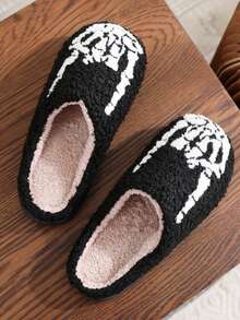 1 Pair Black Halloween Plush Slippers, Punk Skeleton Finger Rock Hand Gesture Embroidered Fluffy Slip-On Slippers For Men And Women, Cozy Indoor Bedroom Floor Non-Slip Warm Thick Sole Fur Slippers, Perfect Gift For Fall & Spooky Season