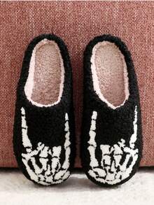 1 Pair Black Halloween Plush Slippers, Punk Skeleton Finger Rock Hand Gesture Embroidered Fluffy Slip-On Slippers For Men And Women, Cozy Indoor Bedroom Floor Non-Slip Warm Thick Sole Fur Slippers, Perfect Gift For Fall & Spooky Season