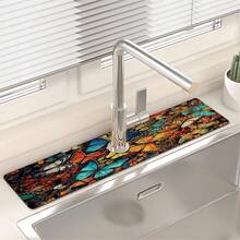 1 pièce Tapis de drain d'évier avec motif thème Hua Hudie, en terre de diatomées à séchage rapide et en caoutchouc antidérapant avec absorption de l'humidité, pour cuisine/salle de bain. Tapis de protection antidérapant en silicone en boue de diatomées pour robinet, tapis de drain de cuisine, protecteur de lavabo, convient à tous les types de robinets de salle de bain et de cuisine.