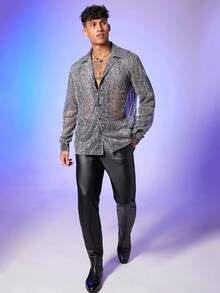 Men's Sheer Mesh See Through Glitter Button Front Long Sleeve Shirt Tops