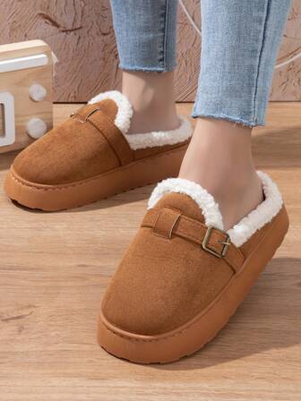 女士秋冬新款厚底拖鞋，舒适温暖的室内家居拖鞋，绒面革鞋面，毛绒衬里，寒冷冬季必备，包头家居鞋