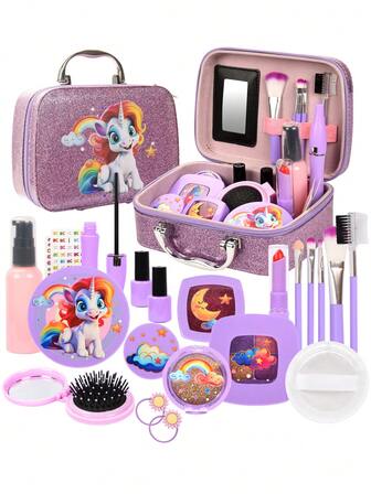 Juego de maquillaje realista de color morado/rosa (no coloreable), juguetes de maquillaje de juego de roles para niños, juguetes de maquillaje de juego de roles, regalo de cumpleaños/Halloween/Navidad para niñas