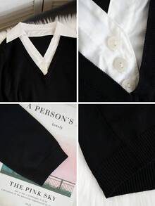 Autumn/Winter College Style 2 In 1 Knitted Sweater Women, Polo Collar Vintage Color Block Pullover Top