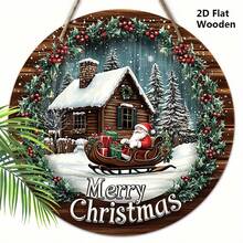 2D plat, 1 panneau en bois de Noël - Scène d'hiver 2D, Père Noël sur un traîneau, maison enneigée et pins, décorations de fête rouges et vertes, convient pour accrocher à la porte ou au mur, ornements de Noël, le meilleur pour Noël