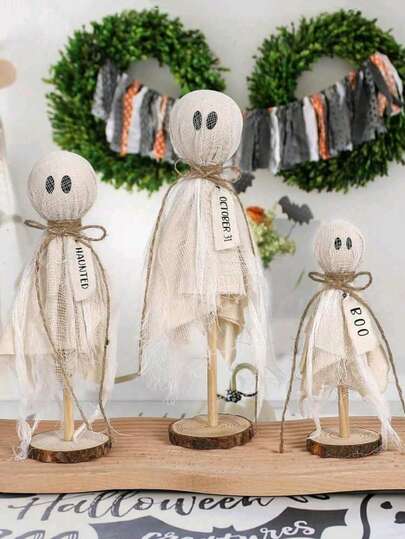 3 peças de fantasmas primitivos de Halloween em suporte de madeira - Centros de mesa, decoração de bandeja em camadas, artesanato rústico assustador para prateleiras de casa no outono, suporte de decoração interna para centros de mesa, prateleiras e lareiras