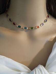 1pc Elegant Fashionable Colorful Rhinestone Necklace, Stylish Metal Choker Necklace, Charming Jewelry For Women, Suitable For Daily Wear, Decoration, Party, Music Festival, Photo Shoot. Handmade Chain Length Customizable, Random Rhinestone Colors