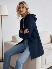 Women's Fall Winter Stylish Casual Hooded Cardigan - Solid Color Minimalist Design, Perfect For Daily Wear - 藍色 - 查看 2