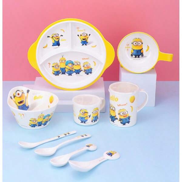 Minions Bol de dessin animé pour la nourriture de bébé, assiette à dîner mignonne de petit homme jaune, bol à riz, couverts cuillère et assiette