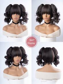alicegarden 1 Piece Of Synthetic Heat-Resistant Curly Hair, Black Curly Hair Wig, Double Ponytail, With Bangs Style, 12 Feet Long, Made Of Fiber, Suitable For Daily Use, Natural And Realistic Wig. - Black - View 5