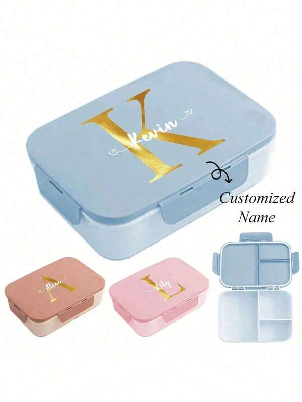 Caja de bento portátil personalizada con nombre, estilo de triple rejilla, caja de almuerzo con utensilios incorporados (tenedor y cuchara), recipiente para preparación de comidas con diseño de hebilla de tres lados y tapa abatible, ideal para el trabajo, la escuela y en movimiento, de diseño elegante y ahorro de espacio