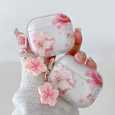 Pink Flower Elements Bluetooth Earphone Cases Pink Flower Elements Transparent Lily Flower Earphone Case Cherry Blossom & Peach Flower Earphone Case With 1 Pink Flower Lanyard Compatible With AirPods Pro (2nd Generation), 3, Pro, 1/2, 4 Spring Gift Anniversary Easter Birthday